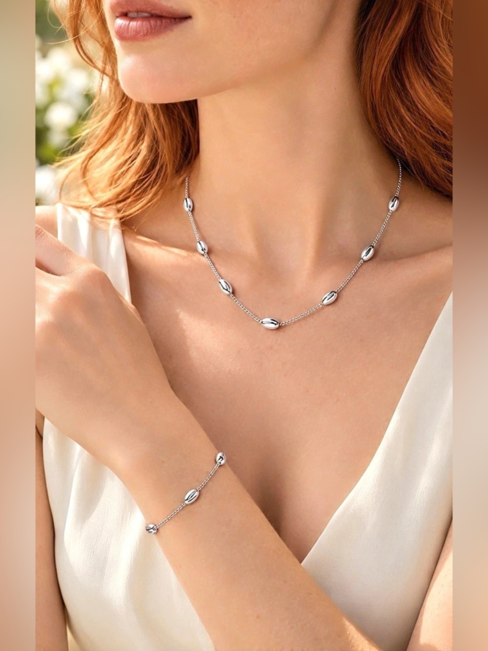💎Priscilla Beaded Necklace & Bracelet Set Silver Beaded Jewelry Set